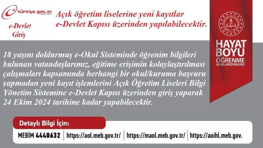 AÇIK ÖĞRETİM LİSELERİ YENİ KAYIT İŞLEMLERİ, E-DEVLET KAPISI ÜZERİNDEN YAPILABİLECEK